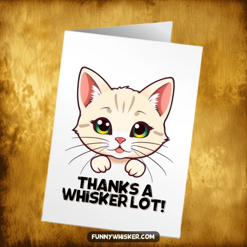 Funny Free Printable Thank You Card: Cat peeking from behind voluminous, feathery whiskers, offering a comical and heartfelt thank you.