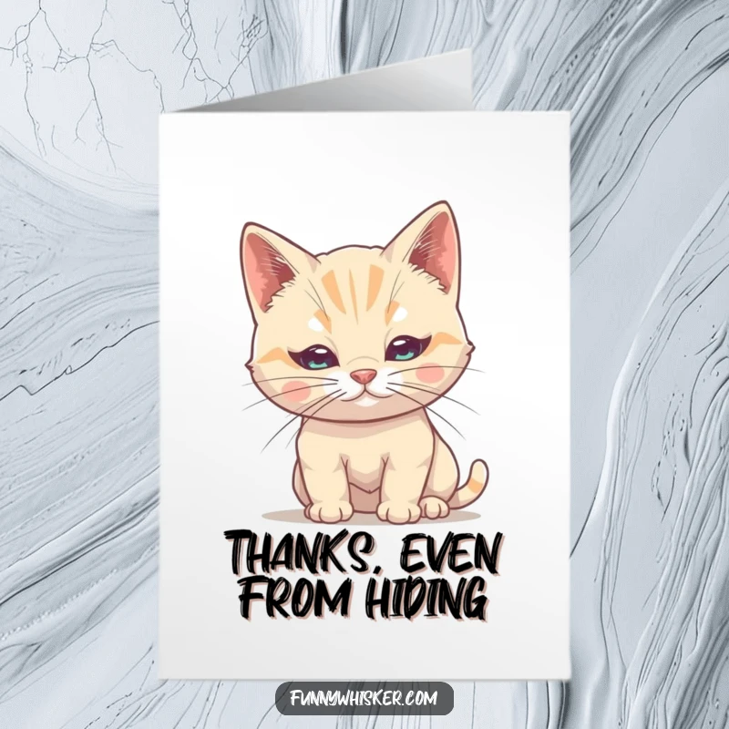 Funny Free Printable Thank You Card: Shy cat hiding behind its whisker, giving a small wave of thanks.