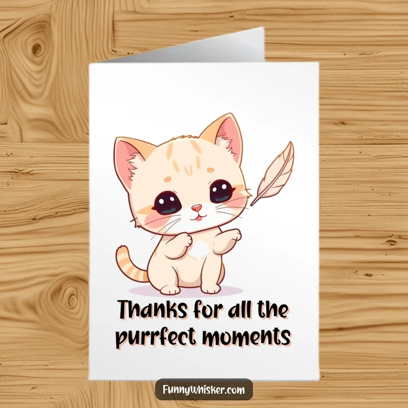 Funny Free Printable Thank You Card: Tiny cat with big whiskers batting a feather, conveying thanks playfully.