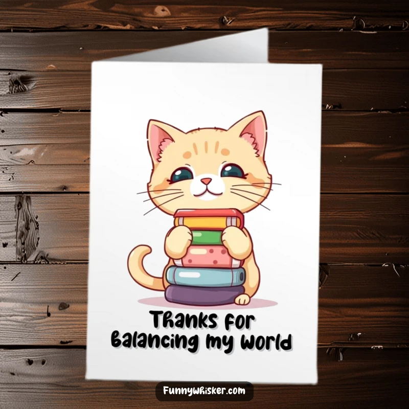 Funny Free Printable Thank You Card: A cat balances items on its whiskers, conveying thanks.