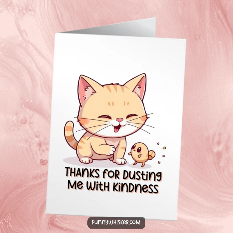 Funny Free Printable Thank You Card: Cat hunting a tiny dust bunny, expressing thanks with humor, printable art.