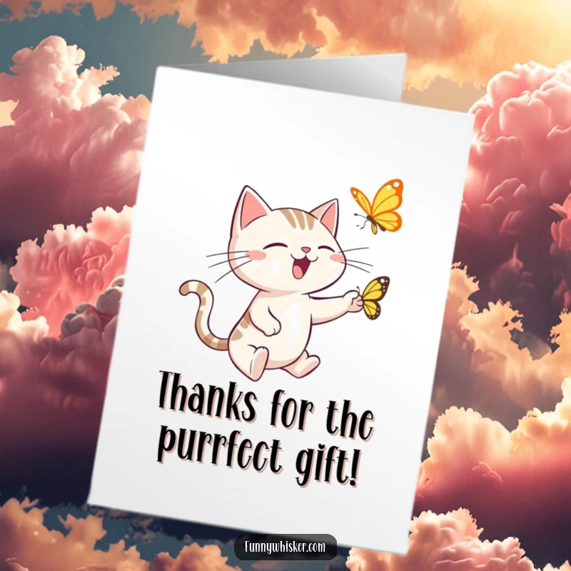 Funny Free Printable Thank You Card: Goofy Cat With Spiky Whiskers Chasing a Butterfly