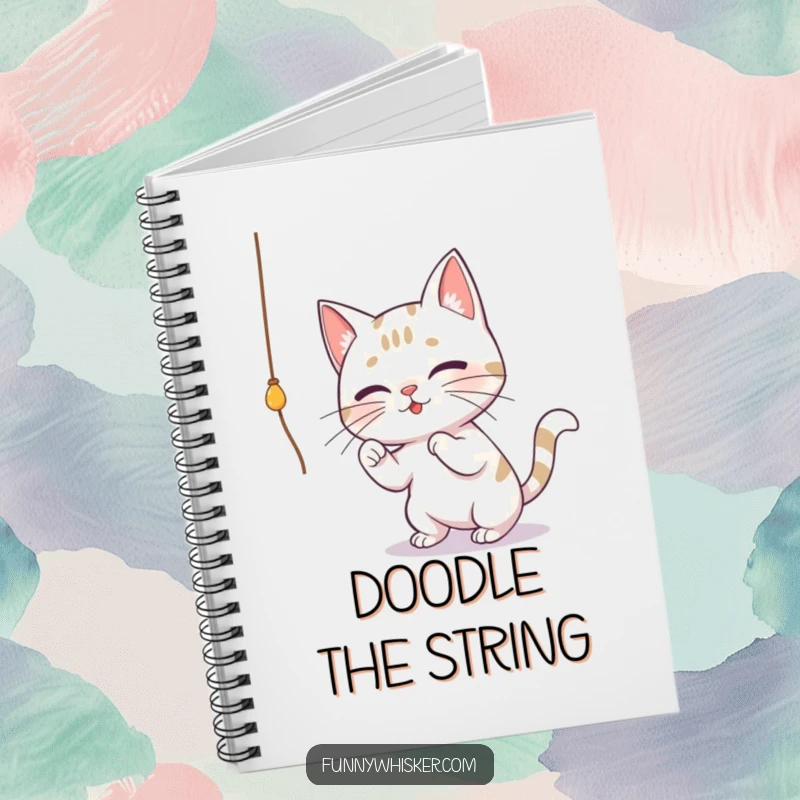 Funny notebook featuring a cat with exaggerated whiskers batting at a dangling string, perfect for journaling or note-taking with a playful theme.