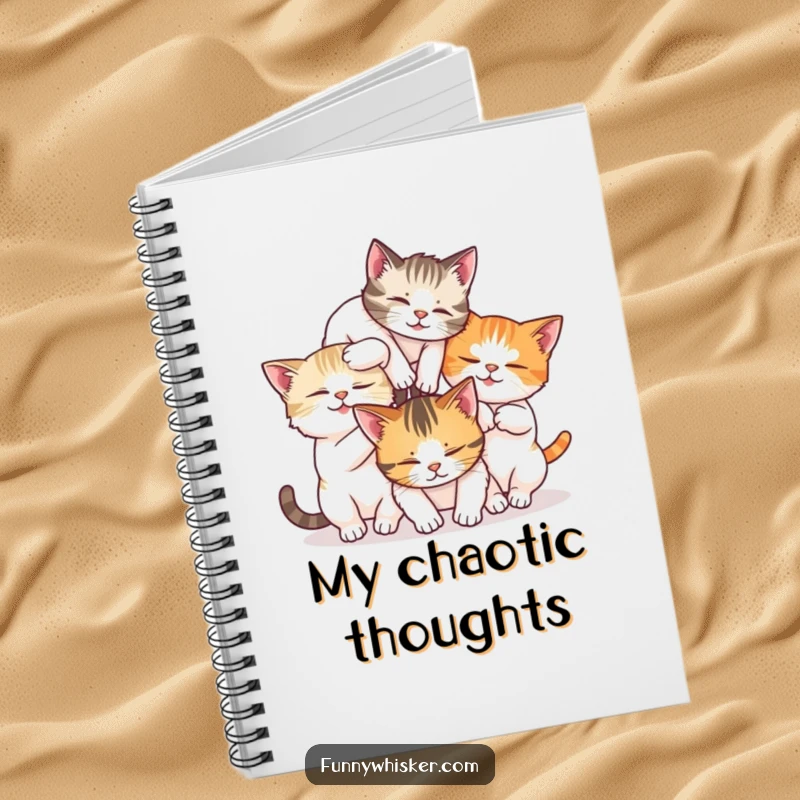 Funny notebook showing three cats tumbling in a whisker tangle, ideal for notes and creative ideas.