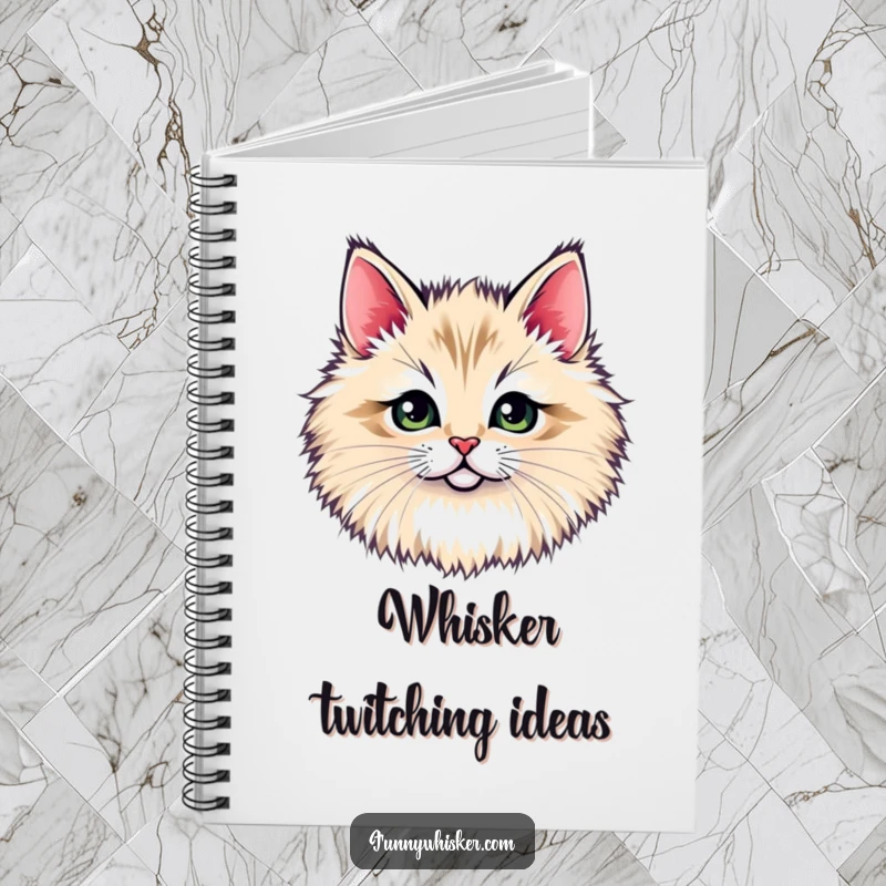 Funny notebook: A tiny cat face peeking through fluffy whiskers, inspiring creative ideas with its shy charm, a funny gift.