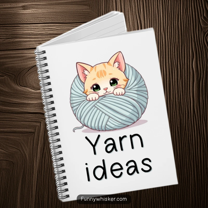 Funny cat notebook cover featuring a curious cat with twitching whiskers peeking from behind a giant ball of yarn, ideal for notes.