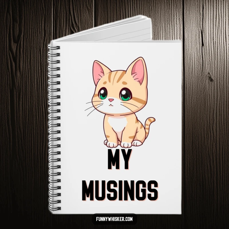 Funny cat notebook featuring a character looking thoughtfully into the distance, whiskers drooping slightly, perfect for notes and profound ideas.