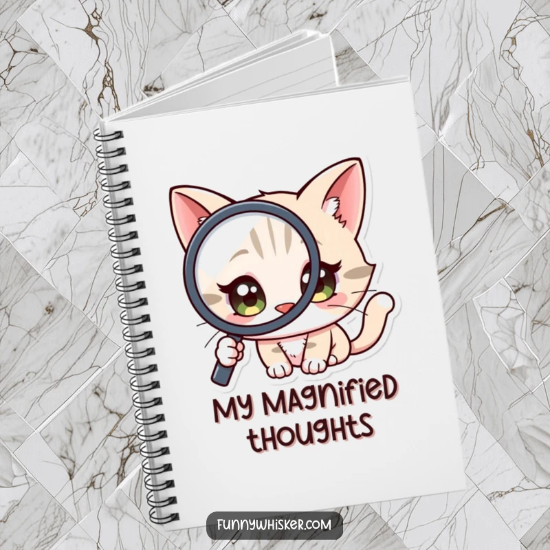 Funny Notebook: A cat character with wide, curious eyes peering through a magnifying glass on the cover.