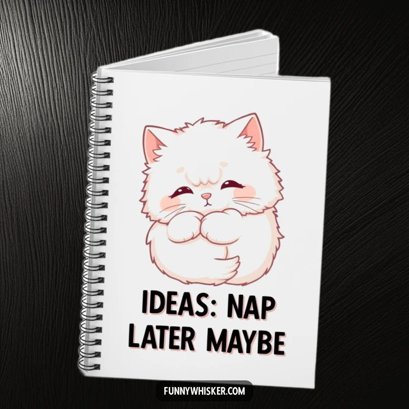 Funny Cat Notebook featuring a fluffy cat with a soft whisker halo, perfect for jotting down funny thoughts and ideas.