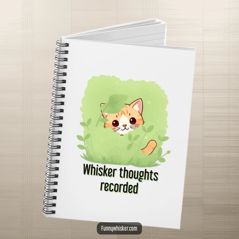 Funny cat notebook featuring only twitching whiskers peeking from behind a bush, ideal for capturing notes with mystery.