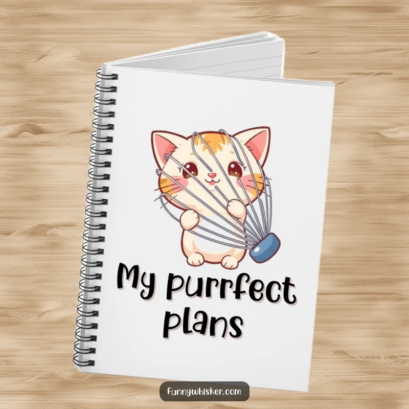 Funny notebook with a small cat peeking from behind a large whisk, ideal for notes and creative ideas.