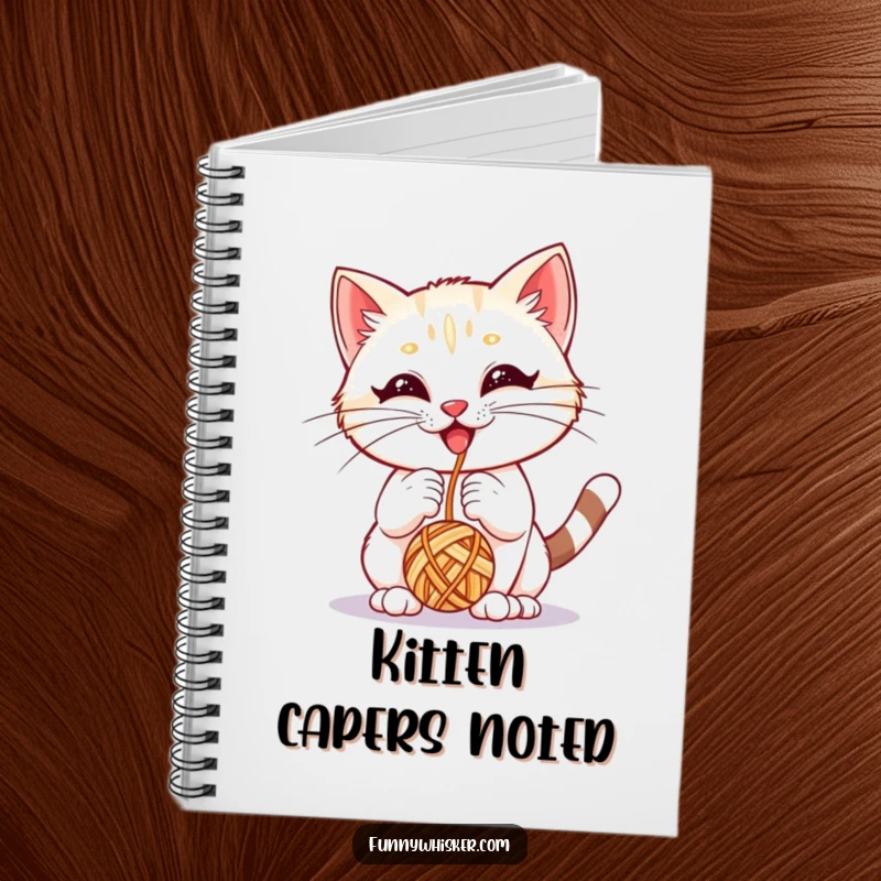 Funny notebook featuring a kitten with large whiskers joyfully playing with a yarn ball, ideal for journaling.