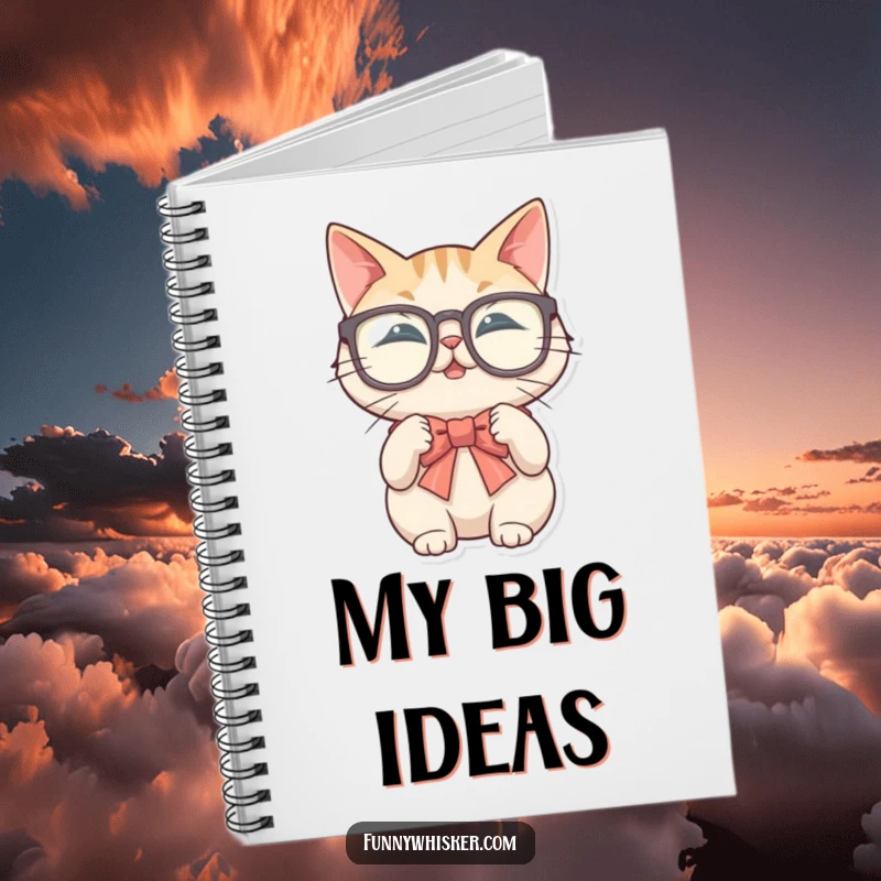 Funny notebook showing a cat in large glasses trying to tie a bow tie with its whiskers, ideal for notes.