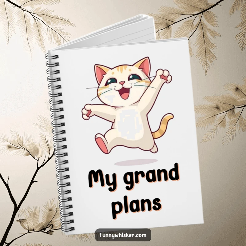 Funny cat notebook featuring a character leaping with exhilarating motion, whiskers spread wide, ready to capture your notes and wildest thoughts.