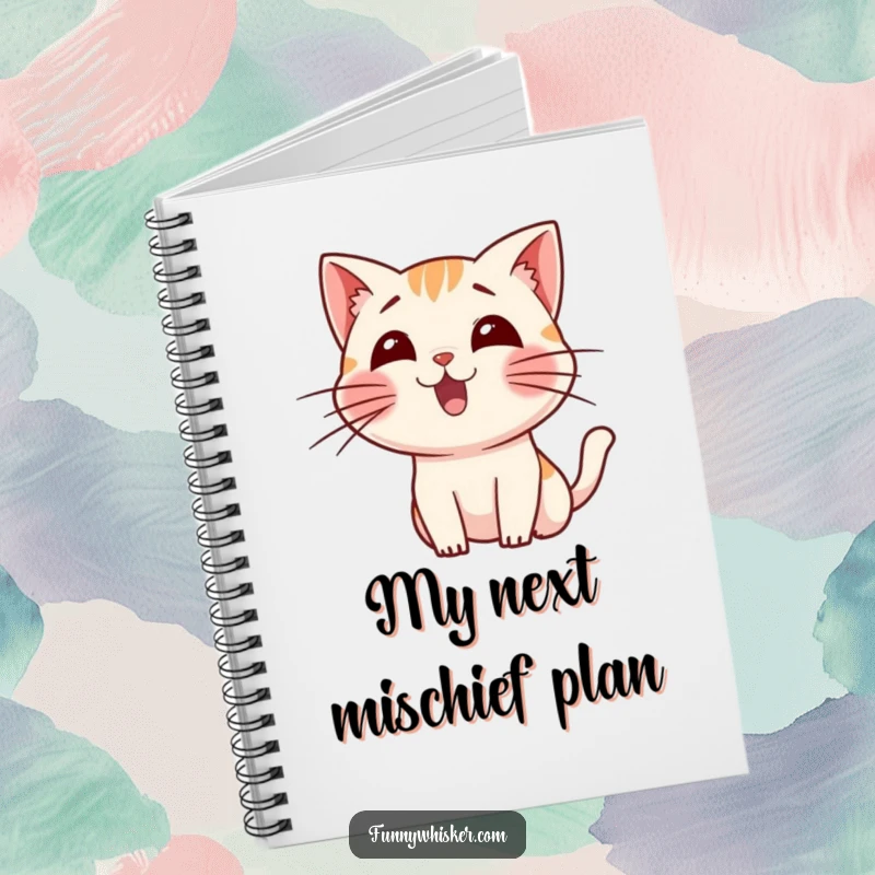 Funny notebook featuring a small cat character wiggling its long whiskers with excitement, perfect for jotting down feline thoughts.