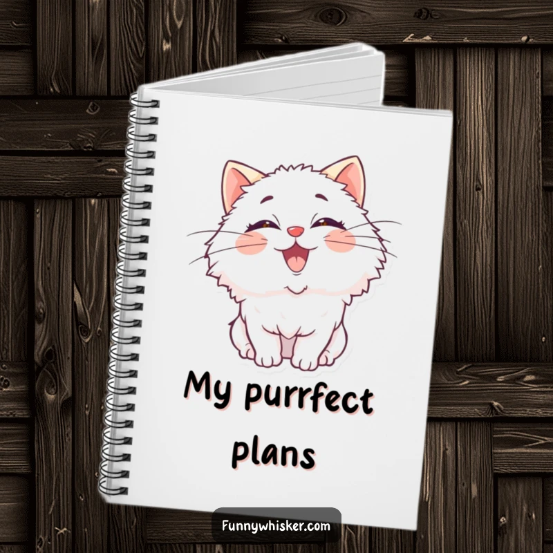 Funny notebook with a fluffy cat character, oversized whiskers comically wiggling with pure, infectious delight, perfect for ideas.