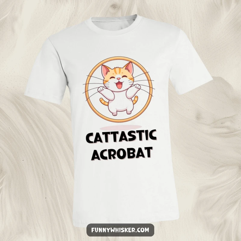 Funny cat leaping through a giant whisker hoop on a t-shirt, symbolizing playfulness, a great funny gift.