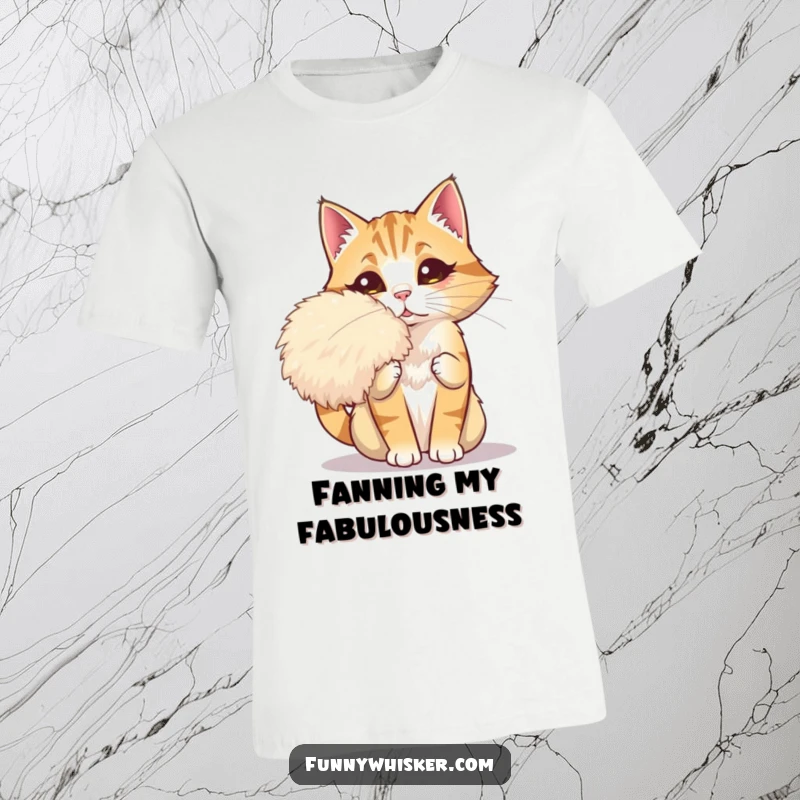 Funny cat t-shirt depicting dramatic fanning with a giant whisker, showcasing feline extravagance and humor, great for gifting.