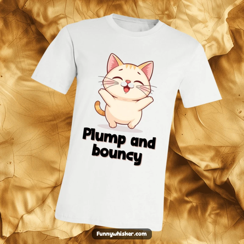 Funny cat t-shirt featuring a small, round cat with comically large whiskers bouncing happily with every stride.