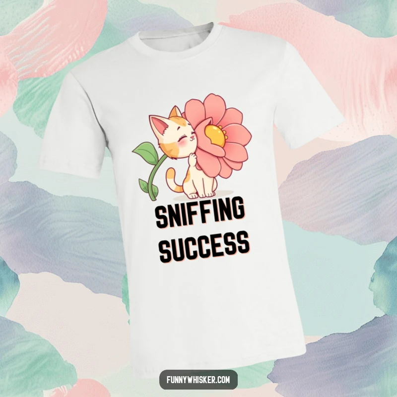Funny T-Shirt: A cat character dramatically sniffing a large, cartoonish flower with intense focus.