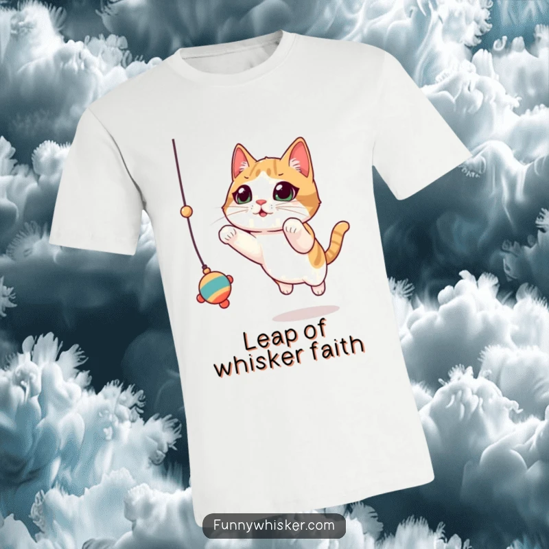 Funny Cat T-Shirt: A cat with exaggerated, twitching whiskers leaps high for a dangling toy, full of action.