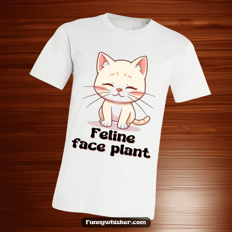 Funny t-shirt featuring a cat character with comically long whiskers tripping over its own feet, capturing a moment of hilarious feline awkwardness.