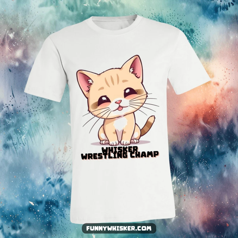 Funny cat t-shirt featuring a tiny cat batting at its comically long whiskers, capturing a moment of pure playfulness.