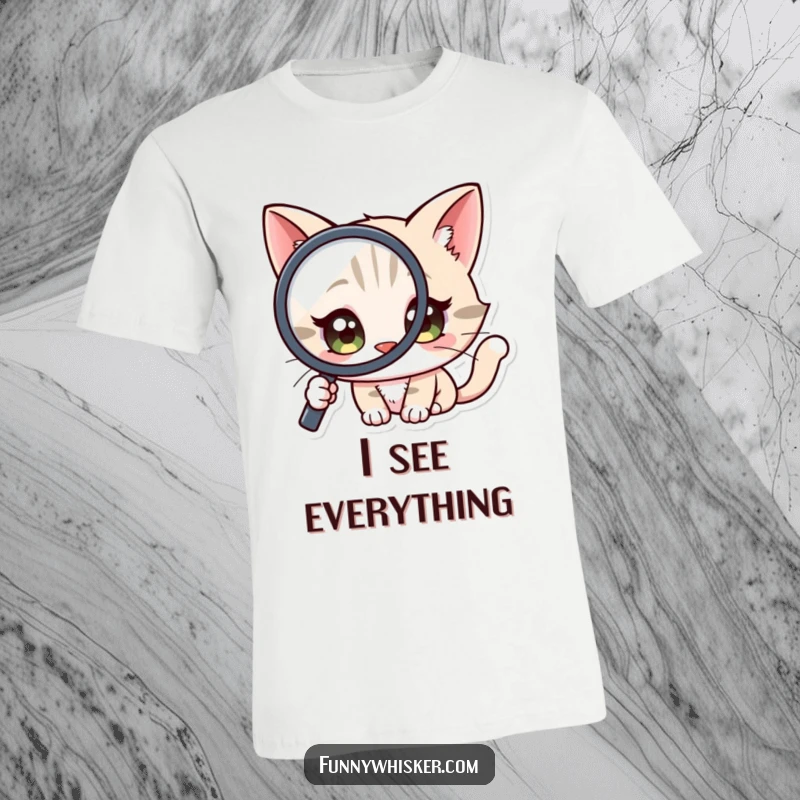Funny T-Shirt: A cat character with large, wide eyes focused intently through a magnifying glass.