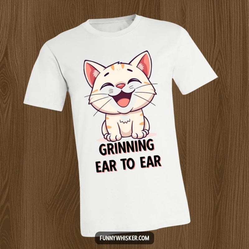 Funny t-shirt displaying a cat with a huge, excited grin and visibly twitching whiskers, capturing a moment of intense curiosity and joy.