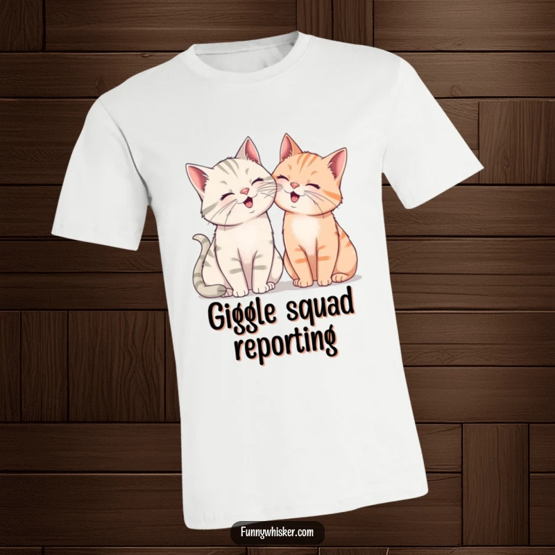 Funny t-shirt with two cats, their exaggerated whiskers almost touching, leaning in to share a secret, humorous giggle.