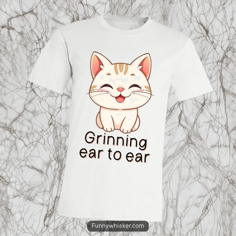 Funny t-shirt, a cat character with whiskers curled into a cheerful grin, embodying pure happiness and infectious good vibes.