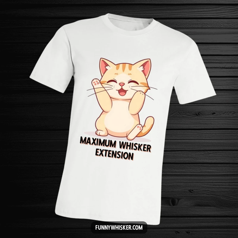 Funny t-shirt of a cat stretching, its hind legs extended, and whiskers comically stretched out.