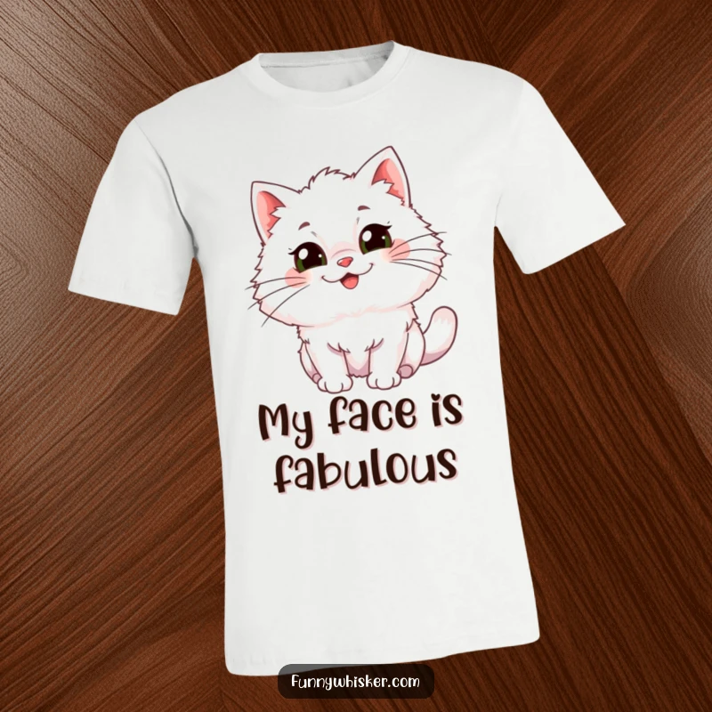 Funny T-Shirt: A fluffy cat character showcasing oversized, comical whiskers that wiggle with infectious glee.