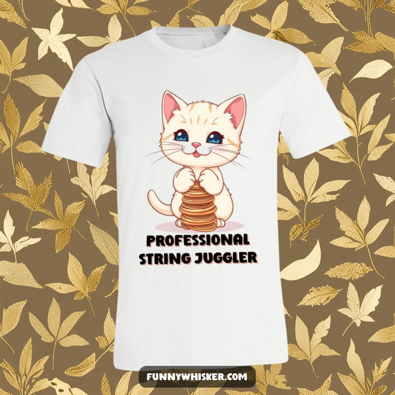Funny t-shirt with a determined kitten trying to balance a precarious stack of strings, showcasing feline focus and playful mishap.