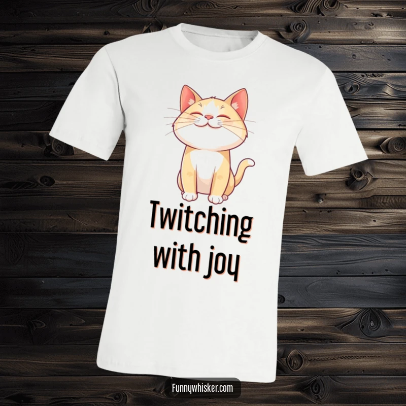 Funny cat t-shirt featuring a giant, joyful whisker twitching mid-air, a dynamic image of pure feline happiness and excitement.