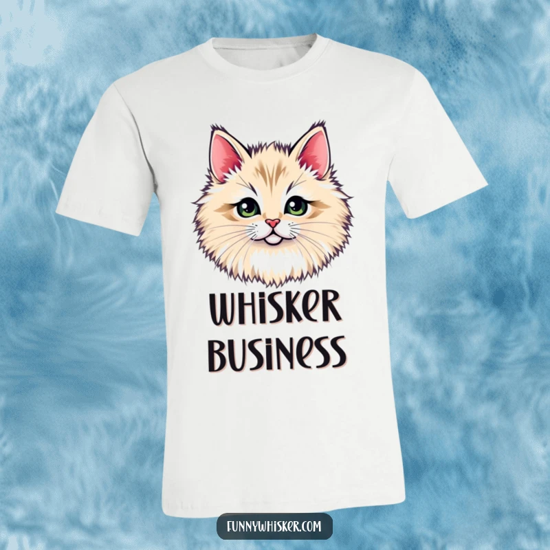 Funny t-shirt: A tiny cat face is revealed behind a large, fluffy whisker tuft, creating a charming and humorous peek-a-boo effect.