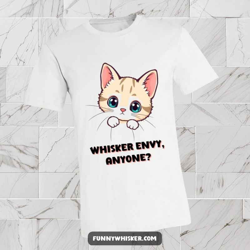 Funny t-shirt with a tiny cat's face peeking curiously from behind a giant whisker, expressing playful mischief and charm.