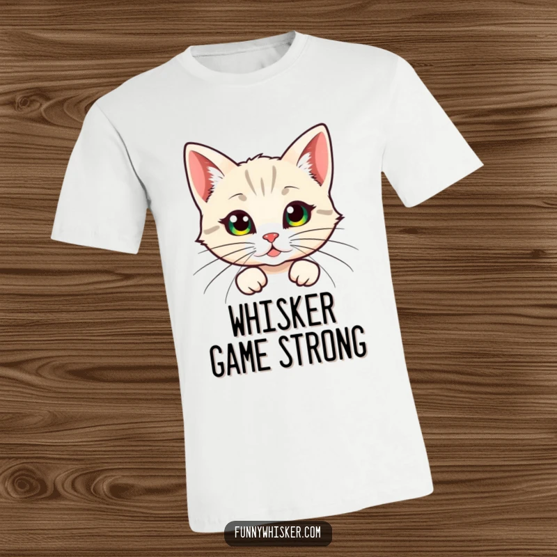 Funny t-shirt, a cat character humorously peeking from behind large, feathery whiskers, showcasing a playful and mysterious vibe.