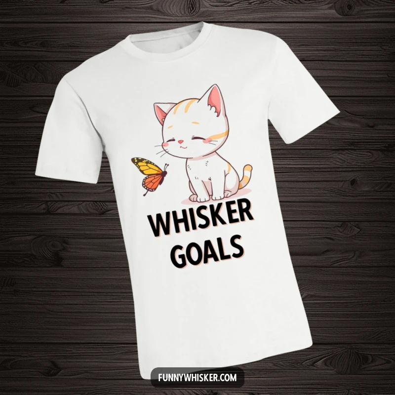Funny Cat T-Shirt featuring a cat using its whiskers to catch a butterfly, blending humor and feline antics, a great gift.