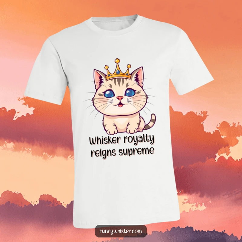 Funny t-shirt showing a majestic cat wearing a crown made of huge whiskers, exuding comical regality and charm.