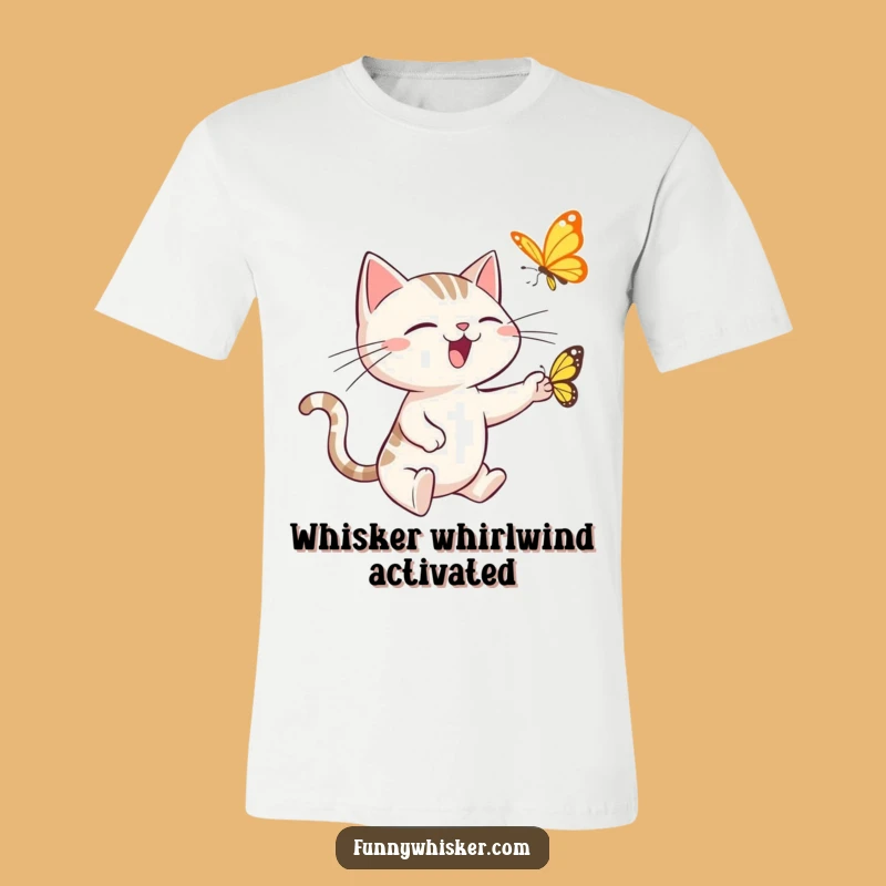 Funny Cat T-Shirt: Wild Spiky Whiskers Chasing Butterfly Tee