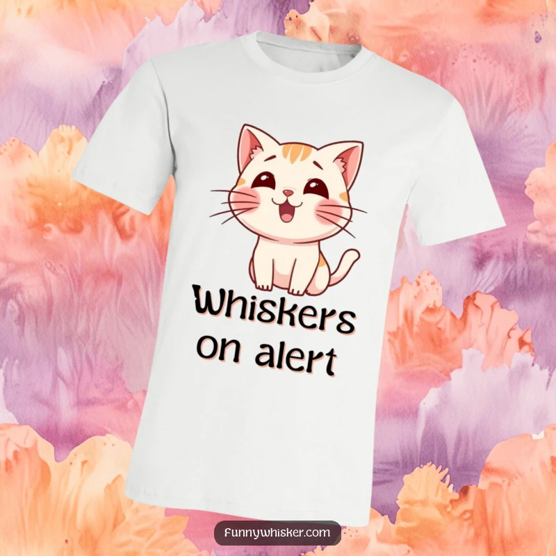 Funny t-shirt featuring a small cat character excitedly wiggling its long, expressive whiskers, capturing pure feline enthusiasm.
