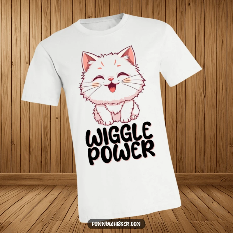 Funny Cat T-Shirt featuring a fluffy cat with exaggerated, wiggling whiskers showing excitement, capturing pure joy, a great gift.
