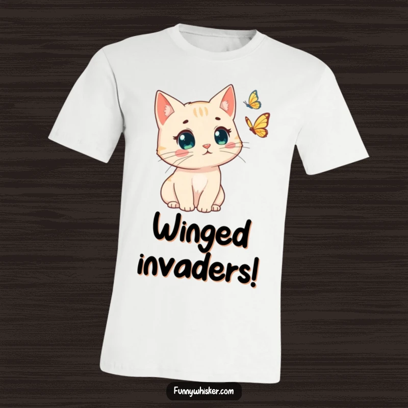 Funny cat t-shirt, windswept whiskers, surprised by butterfly, comedic feline apparel, funny gift.