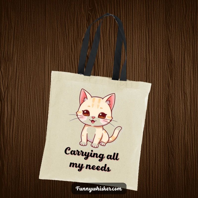 Funny tote bag with a cat character stretching and extending its whiskers playfully, perfect for carrying essentials with feline grace.