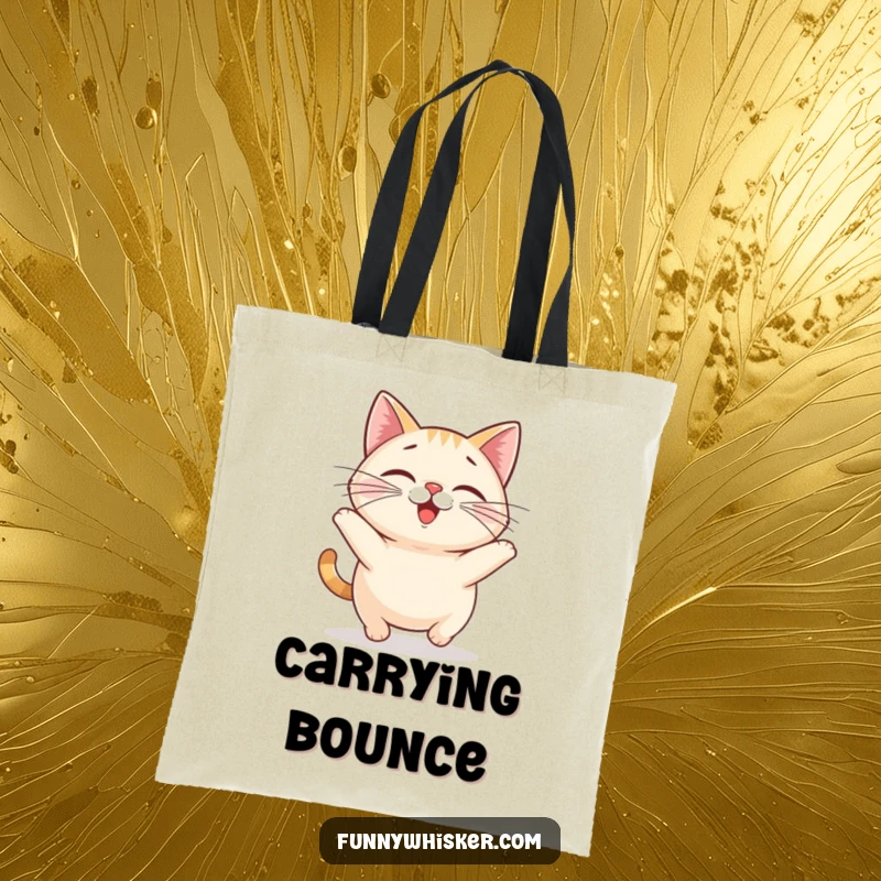 Funny cat tote bag illustrated with a small, round cat with comically large whiskers doing a happy little bounce.