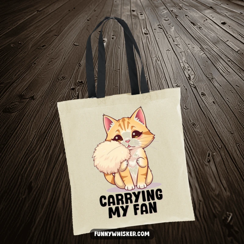 Funny tote bag showing a dramatic cat fanning itself with a giant whisker, a humorous and stylish accessory for carrying essentials.