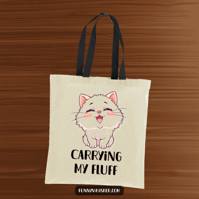 Funny tote bag with a fluffy cat character, oversized whiskers comically wiggling with pure, infectious delight.