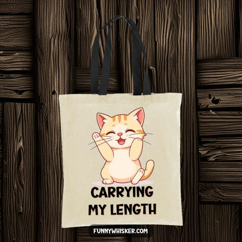 Funny tote bag showcasing a cat stretching its body and whiskers, exuding comical flexibility and humor.