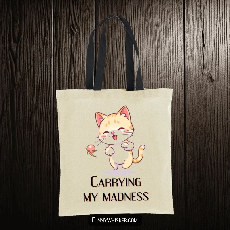 Funny Cat Dizzy Tote Bag: A cat chases its whisker in a dizzying loop, making this bag a fun and whimsical accessory.